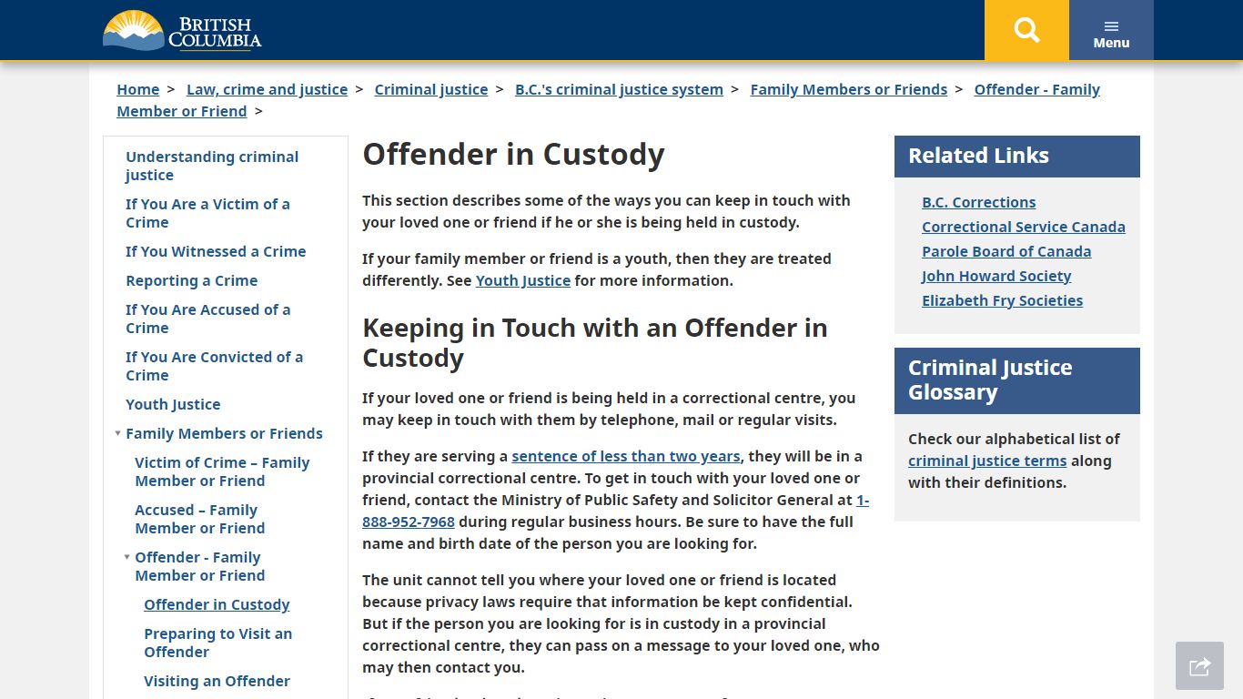 Offender in Custody - Province of British Columbia