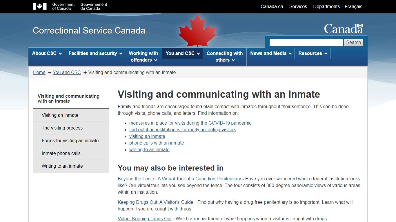 Visiting and communicating with an inmate - Correctional Service of Canada